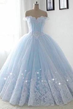 Tulle Off-the-shoulder evening dress Ball Gown Sweet 16, Tulle Formal Dress, Quincenera Dresses, Pretty Quinceanera Dresses, Blue Prom Dress, Blue Ball, Princess Ball Gowns