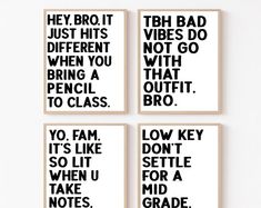 four black and white prints with words on them, each in different font styles that say they