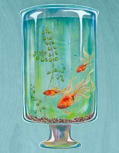 a painting of two goldfish in a glass vase with water and plants on the bottom