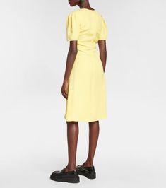 V Neck Midi Dress in Yellow - Marni | Mytheresa Yellow Midi Dress, V Neck Midi Dress, Full Skirt, Midi Length, Puff Sleeve, Color Design, Short Sleeves, Midi Dress, V Neck