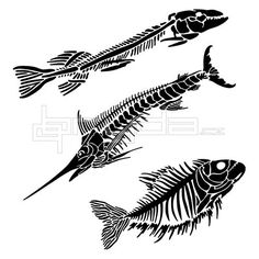 three fish are depicted in this black and white illustration, one is dead the other is dead