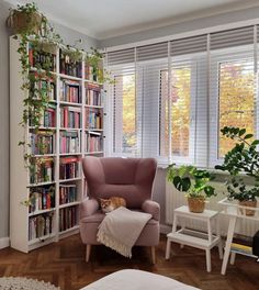 a living room filled with lots of books and furniture next to a window covered in plants