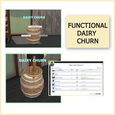 an animated image of a wooden barrel with the words functional dairy churn