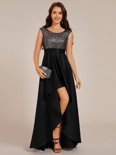 Sleeveless Sequin Top High-Low Formal Evening Dress with Satin #color_Black High Low Evening Dresses, Evening Dresses With Sleeves, Prom Dresses Sleeveless, Formal Evening Dress, Affordable Dresses, Black Prom Dresses, Sequin Top, Formal Evening Dresses, Asymmetrical Hem