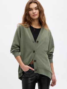 Oversized Fleece V-Neck Cardigan | Gap Factory V Neck Cardigan, Raglan Sleeve, Gap, V Neck, Green, Pins