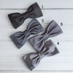 "We proudly present our premium handmade pre-tied bow tie for Adult/Men/Women/Kids/Children/Toddler/Baby boy/girl.... **The bow tie is pre tied and hand stitched into place.** Material: N/A Choose your Bow tie ATTACHMENT/STRAP: - CLIP-ON (strapless) - Adjustable VELCRO strap - Adjustable strap with METAL HOOK, EYE ADJUSTER HARDWARE SIZES are shown below: - NEWBORN-1YR : Adjustable straps fit 7\" up to 11\" neck circumference. - TODDLER (1-3YR) : Adjustable straps fit 10\"-12\" neck circumference Classic Gray Suit And Tie Accessories For Wedding, Classic Gray Tie For Wedding, Gray Wedding Tie, Wedding Ties With Satin Bow, Wedding Ties With Satin Bow Detail, Groom's Tie With Satin Bow, Adjustable Satin Bow Tie For Grooms, Classic Wedding Bow With Ties, Satin Bow Tie Back Wedding Ties