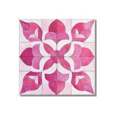 a pink and white tile design with leaves on the bottom, in square formats