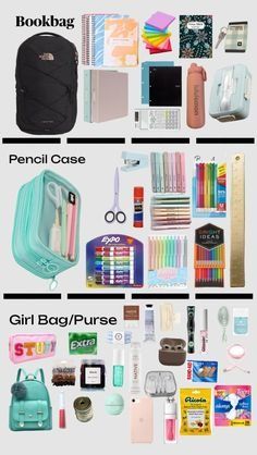 the contents of a back to school bag are shown in this graphic above it is an image of backpacks, pens, pencils, and other items