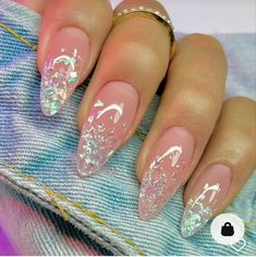 Glitter Ombré Almond Nails, Sparkle Flake Nails, Iridescent Flakes Nails, Clear Holographic Nails, Glass Glitter Nails, Glitter Flakes Nails, Aurora Flakes Nails, Holographic Foil Nails, Opal Almond Nails