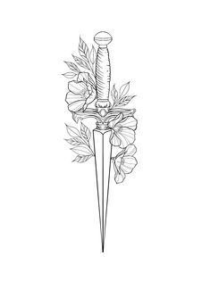 a black and white drawing of a vase with flowers in it on a table next to a knife