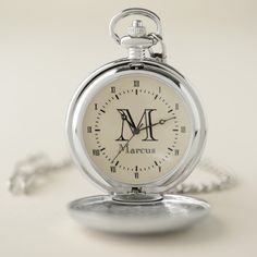 Give the gift of class to those who are there for you on your most special of days. This modern vintage beige pocket watch face sports black roman numerals and features your monogram letter and first name in black. These make an excellent groomsman gift. Personalized Silver Watches, Classic Personalized Watches For Anniversary, Personalized Formal Watch With Round Dial, Personalized Silver Watches For Anniversary, Bride Diy, Classy Gifts, Monogrammed Gifts, Idea Style, Initial Gifts