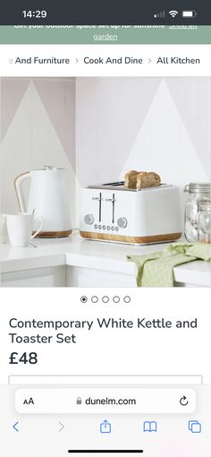 a white kettle and toaster set on a counter top with the words contemporary white kettle and toaster set $ 48