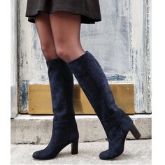 Navy Riding Boots, Luxury Chic Blue Boots, Navy Blue Boots Knee High Size 10, Luxury Chic Knee-high Heeled Boots, Luxury Blue Women's Boots, Navy Blue Tall Boots, Luxury Blue Classic Heels, Navy Tall Boots, Suede Navy Boots