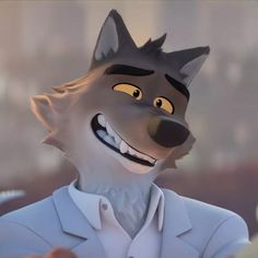 an animated wolf wearing a suit and tie with his mouth open, standing in front of a cityscape