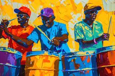 three men are playing drums in front of a yellow background with orange and blue colors