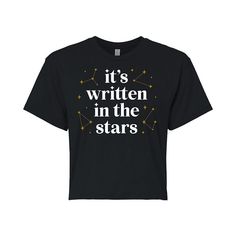 She'll love to show off her unique personality and style with this Juniors' It's Written In The Stars Cropped Graphic Tee. FEATURES Short sleeves CrewneckFABRIC & CARE Cotton Machine wash Imported Size: Small. Color: Black. Gender: female. Age Group: kids. Stars Shirt, Cropped Graphic Tees, Written In The Stars, High Neck Tank Top, In The Stars, Boyfriend Tee, Star Shirt, Oversized Tee, Crop Tee