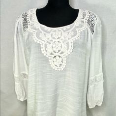 Indigo Rose White Peasant Lace Crochet Top Blouse Size Large Nwt 24 Inch Arm Pit To Arm Pit 25 Inch Length 19 Inch Sleeves White Bohemian Peasant Top With Lace, White Bohemian Blouse With Lace Sleeves, White Peasant Top With Lace Trim For Vacation, White Lace Trim Peasant Top For Vacation, Elegant White Peasant Top With Lace Trim, Elegant White Blouse With Crochet Trim, White Peasant Top With Lace Trim For Beach, White Lace Trim Peasant Top For Brunch, Lace Crochet Top