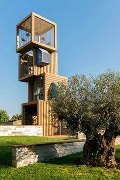 an olive tree in front of a tall wooden structure with balconies on top