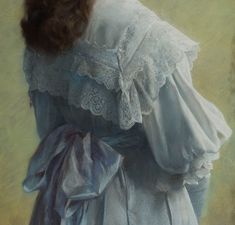 a painting of a woman wearing a white dress with ruffles on the sleeves