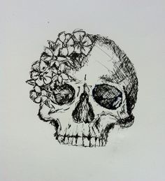 a drawing of a skull with flowers on it