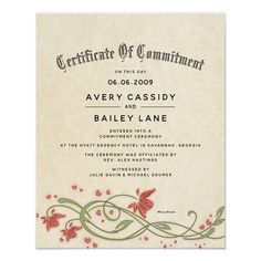 a wedding certificate with flowers and vines on it