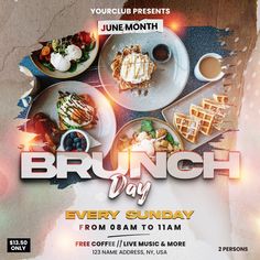 a flyer for brunch day with plates of food and drinks on the table