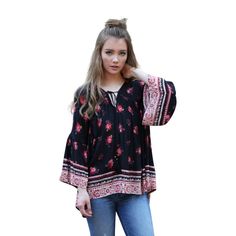 Adorable Peasant Top. It Features Deep V-Neckline With Tassel Ties, Ladder Detailing, Bell Sleeves And A Border Floral Print. * Small Bust 36" Length 26" : Med Bust 38" Length 27" * Large Bust 40" Length 28" Xl Bust 42" Length 28" P2t54-Fk04 Boho Tunic Tops, Leopard Sweater, Bohemian Tops, Festival Tops, Peasant Top, Peasant Tops, Womens Tunics, Boho Tops, Girls Night Out