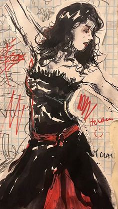 a drawing of a woman in black and red dress with her arms spread out to the side