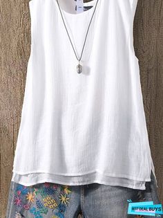 Cotton-blend Sleeveless Shirt & Top White Top Women, Sleeveless Shirts, White Sleeveless Top, Cotton Kurti Designs, Solid Tank Tops, White Tee Shirts, Tops Casual, Tops Online, Casual Tops For Women