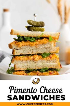 a stack of grilled cheese sandwiches with pickles on top and text overlay