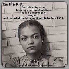 a black and white photo of a woman with an ad for eartha kitt