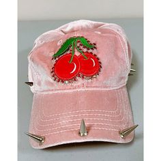 Pink Pastel Velvet Cherry Patch Red Gem Gemstone Studded Spiked Baseball Cap Trucker Hat #Cherry #Punk #Handmade #Kawaii #Hat Kawaii Hat, Custom Trucker Hats, Red Studs, Custom Caps, Pink Pastel, Gemstone Studs, Pink Velvet, Pink Red, Diy Clothes