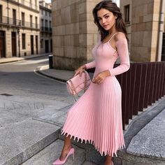 Lasaky - Pleated Midi Sweater Dress with Ribbed Long Sleeves and High Neck - Pink Dress For Church, Pleated Knit, Pink Sweater Dress, Sukienki Plus Size, Long Knitted Dress, Calf Sleeve, Mid Calf Dresses, Women Sweaters Winter, Detachable Collar