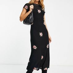 Mesh Midi Dress With Floral Embroidery Black Embroidered Maxi Dress For Spring, Black Embroidered Short Sleeve Maxi Dress, Black Short Sleeve Embroidered Maxi Dress, Embroidered Black Maxi Dress With Short Sleeves, Black Midi Dress With Floral Embroidery And Short Sleeves, Fitted Maxi Dress With Floral Embroidery, Fitted Spring Maxi Dress With Embroidered Hem, Black Embroidered Fitted Maxi Dress, Black Fitted Embroidered Maxi Dress