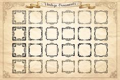 a set of vintage frames with ribbons and scrolls on parchment paper, ready to be used as