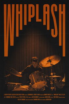 the poster for whiplash shows a drummer with headphones on and drums in front of him