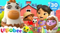 an animated image of children standing in front of farm animals and the words hellobee on it