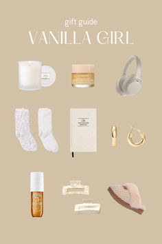 the gift guide for vanilla girl is displayed on a beige background with gold and white accessories