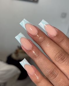 Pink Blue Nails, Acrylic Nails Nude, Inspiration Nails, Gold Glitter Nails, Long Acrylic Nail Designs, Blue Acrylic Nails, French Tip Acrylic Nails