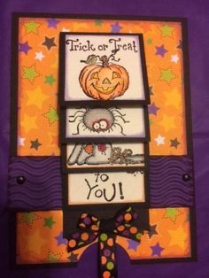 a halloween card with an image of a cat on the front and words trick or treat to you