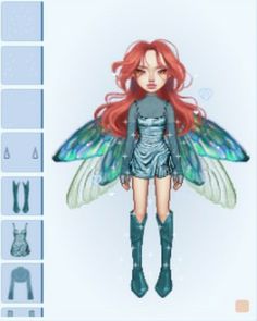 a girl with long red hair and green wings is standing in front of an animation screen