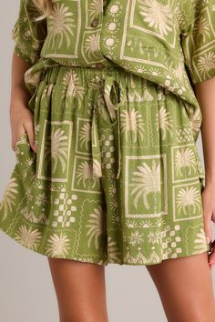 Lost in Paradise Olive Green Tropical Print Shorts Lost In Paradise, Sorority Rush Dresses, Rush Dresses, Cardigan Crop Top, Paradise Found, China Design, Red Dress Short, Concert Looks, Cardigan Crop