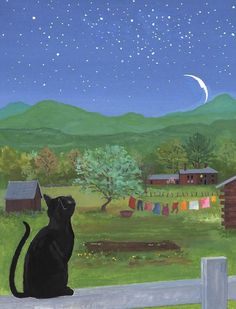 a painting of a black cat sitting on a fence looking at the stars in the sky