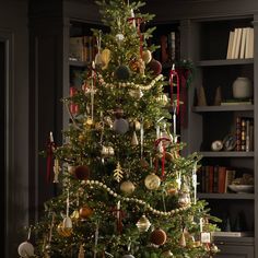 a decorated christmas tree in a living room with bookshelves and other holiday decorations