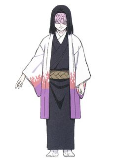 an anime character with black hair wearing a purple and white kimono, while standing in front of a white background