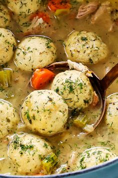 a ladle full of soup with dumplings and vegetables