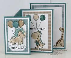 two cards with dinosaurs and balloons on them, one has a happy birthday card in the middle