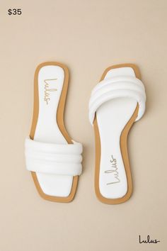 Keep it simple but make it luxe with the Lulus Ameeria White Flat Slide Sandals! These must-have sandals have a faux leather construction that shapes a square footbed and a wide vamp strap with a puffy, quilted-like effect. The simple slide-on design makes for an effortless final finish to your OOTDs! 0. 5" rubber heel. Cushioned insole. Rubber sole has nonskid markings. Man made materials. Imported. Lulus | Ameeria White Flat Slide Sandal Heels. Chic Sandals With Cushioned Footbed And Square Toe, Square Sandals, White Sandals Flat, Sandals Flat, White Flat, Sandal Heels, White Sandals, White Flats, Keep It Simple