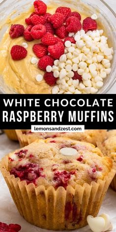 raspberry muffins with white chocolate in the background