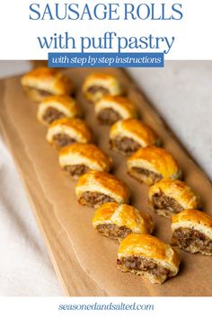 sausage rolls with puff pastry on a cutting board and text overlay reads sausage rolls with puff pastry